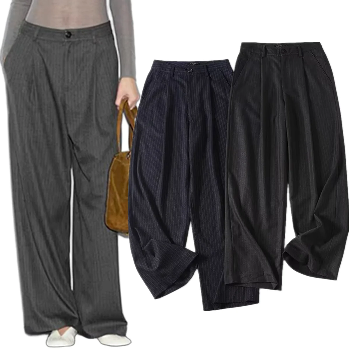 

Maxdutti Nordic Minimalist Striped High-waisted Straight-cut Pants Leisure Casual Relaxed Loose-fitting Trousers Women's Pants