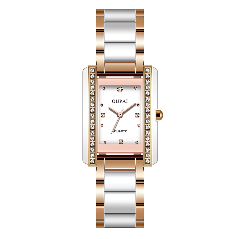 Прямоугольный циферблат Oupai, нержавеющая сталь между, белым керамическим ремешком, женский дисплей даты, кварцевый набор с бриллиантами, царапины-ре
