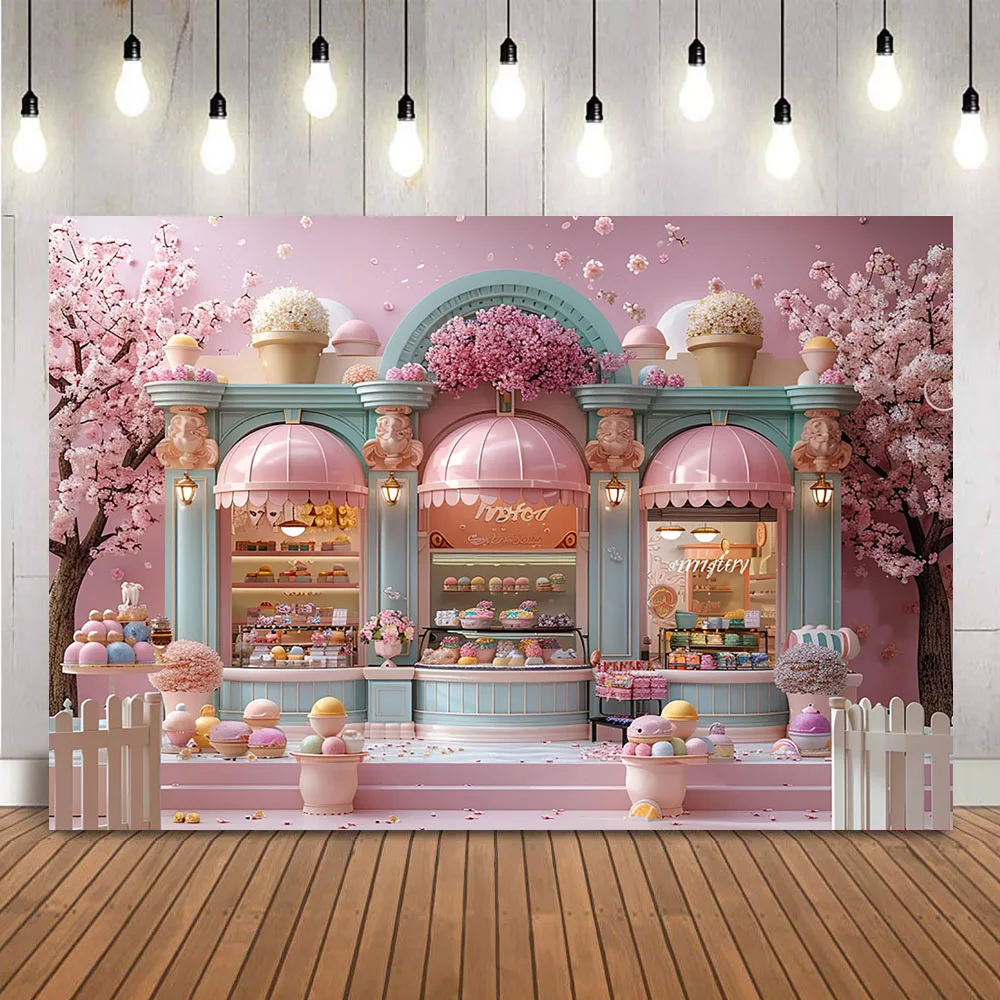 خلفية التصوير الفوتوغرافي للأطفال حديثي الولادة ، صالون الآيس كريم ، صورة تحطيم الكعكة ، كشك الصور ، أزهار الكرز الخلفية