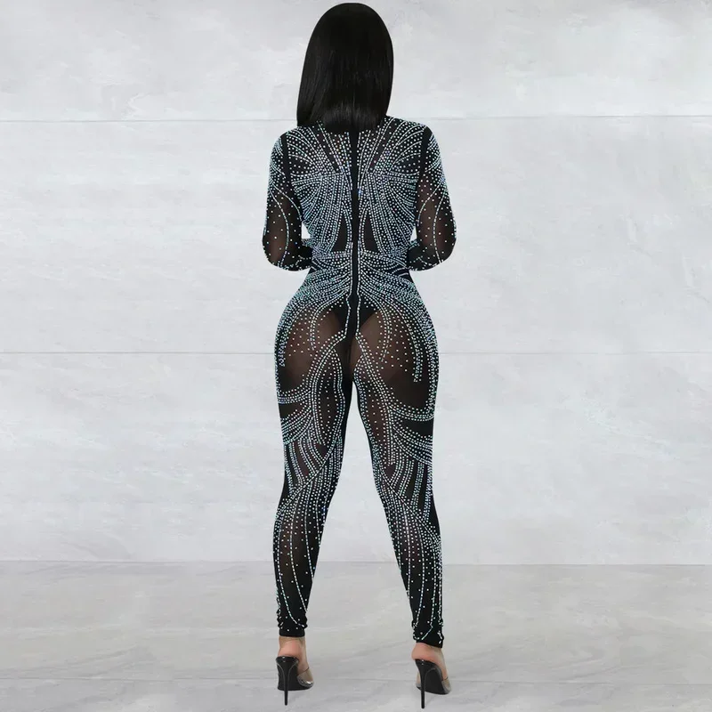 GUWU Hot Rhinestones Women Long Sleeve Deep V-neck Bodycon Skinny Jumpsuit 2024 Sexy Club Party Prom Diamonds Long Pants