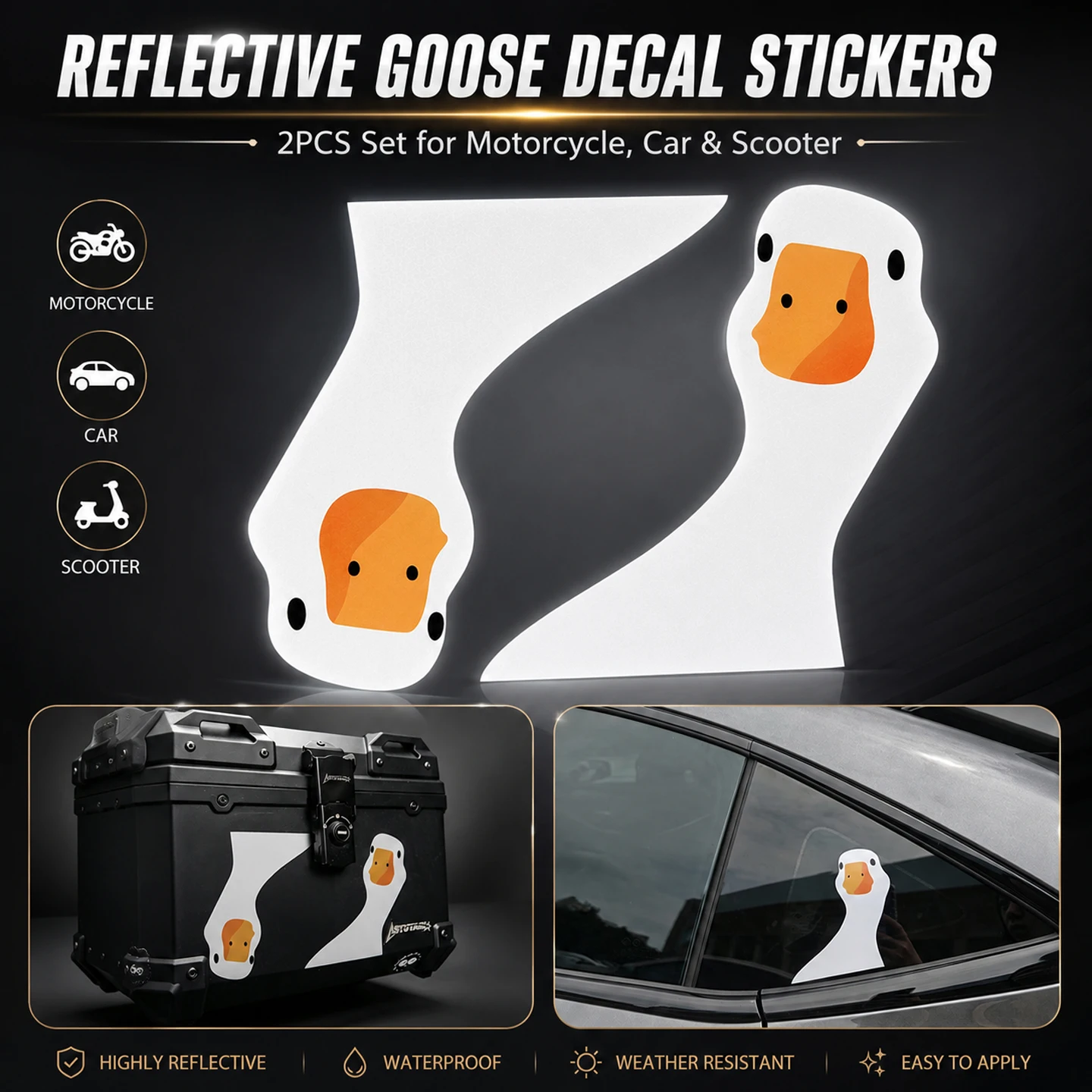 2 Stück Reflektierende Motorrad-Aufkleber 'Dumb Goose' für Motorroller, Auto, Kraftstofftank, Heckbox, Verkleidung, Vinyl-Zubehör, Dekorfolien