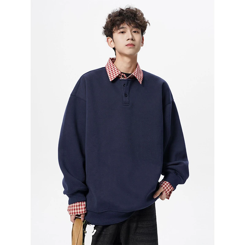 Vintage Spliced Plaid Men Long Sleeve Polo Sweatshirt Fall Winter Teenager Loose Preppy Style Fashion Simple Fake Two Piece Tops