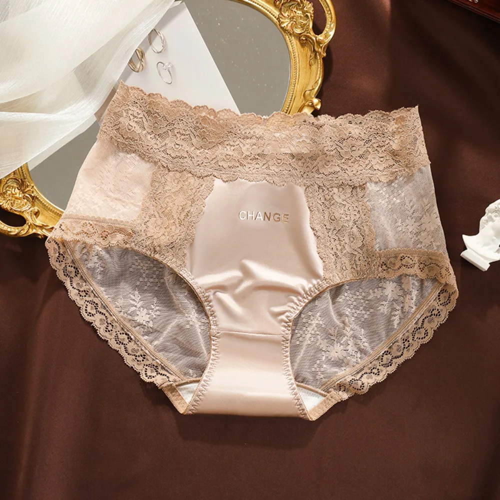 

Mesh Floral Ice Satin Silk Briefs Mid Waist Ultra-thin Lace Seamless Panties Female Lingerie Underpants Underwear for Women