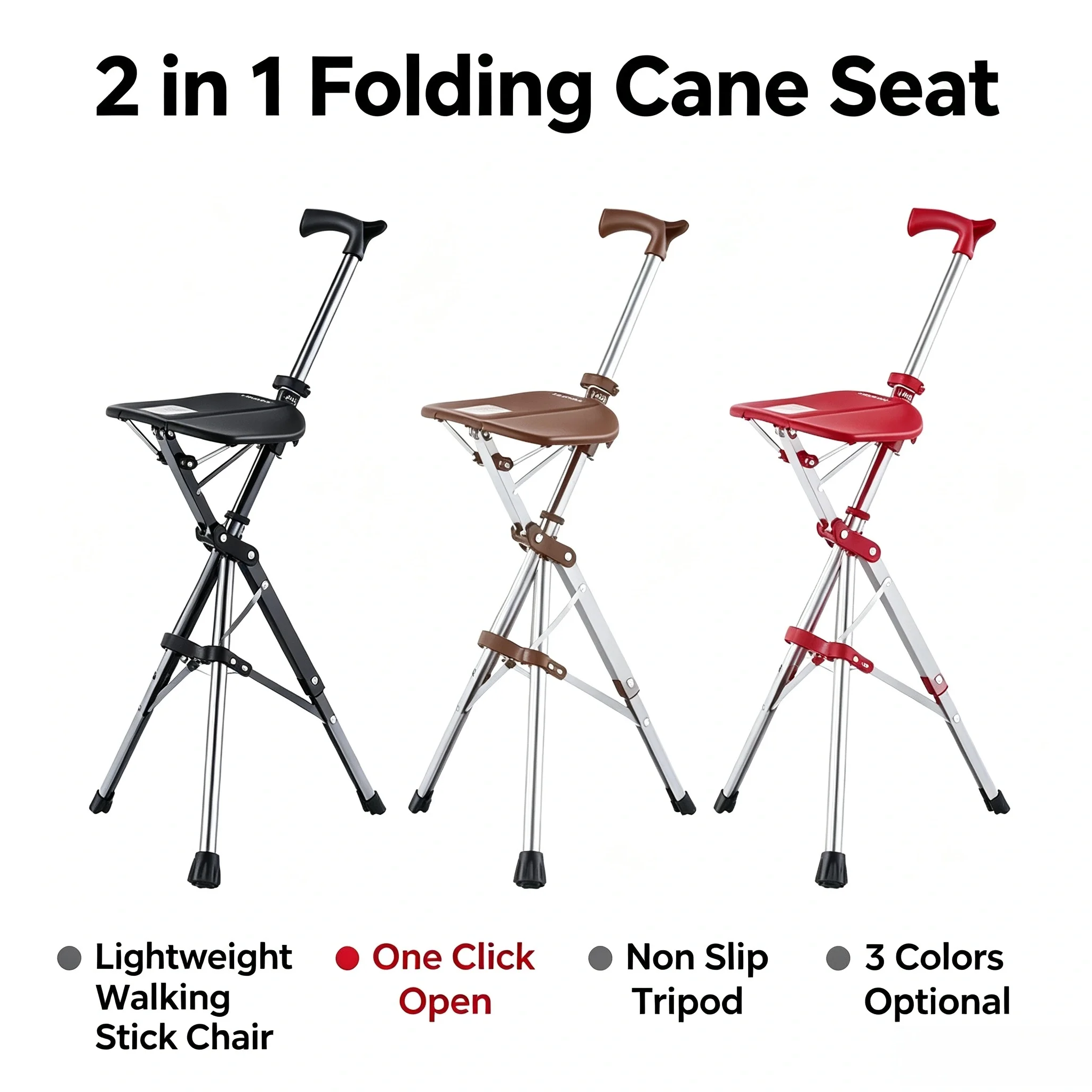 Folding Cane Seat 2 in 1 Lightweight Walking Stick Chair Portable Elderly Mobility Aid One Click Open Non Slip Tripod Crutch Sto