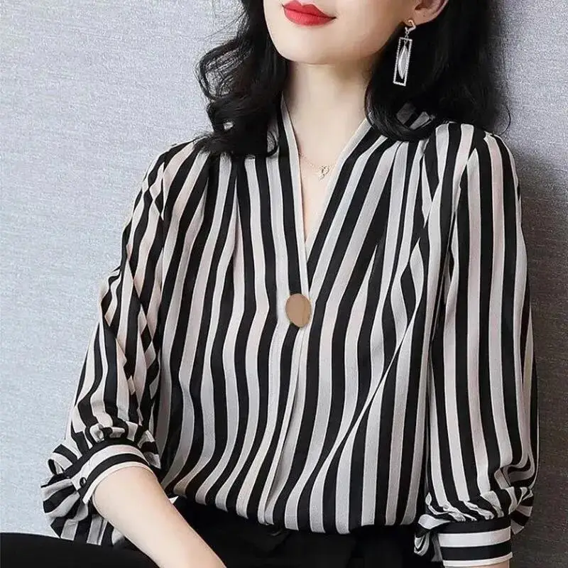 Fashion Printed V-Neck Button Striped Chiffon Shirt Oversized Casual Tops 2022 Autumn New Women\'s Clothing Office Lady Blouses