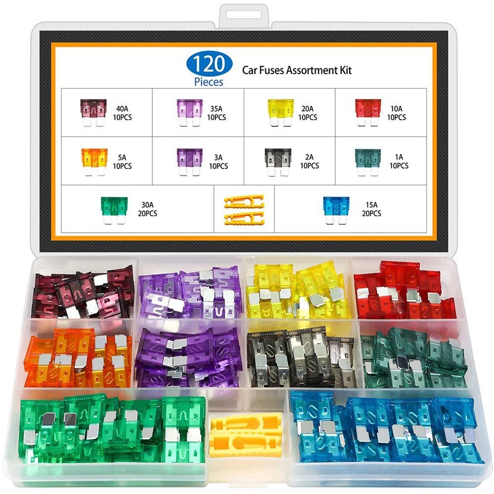 120 standard automotive fuses, fuse combination kit (1A-40AMP) RV, truck, marine, automotive accessory automotive blade fuses