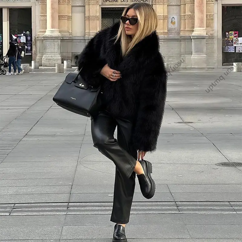 Black Shawl Collar Women Faux Fox Fur Coat Cropped Shaggy Fashion Brand 2024 Winter Warm Fluffy Jacket Iconic Vibe Outfit Cloth