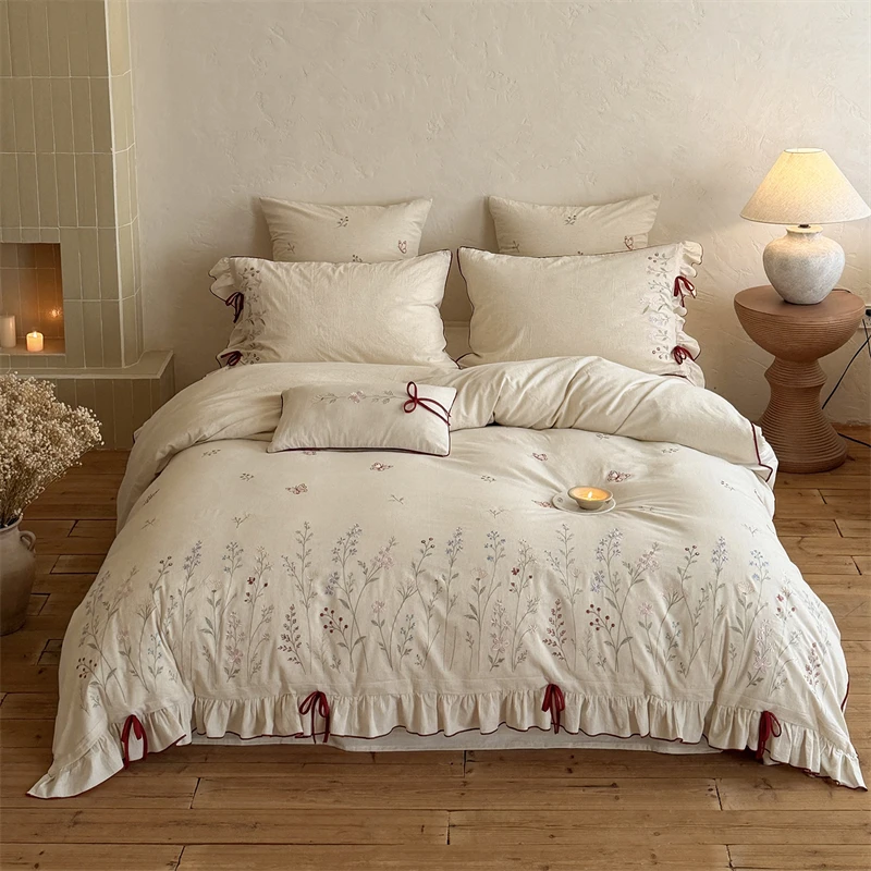 Cotton Linen Blend Bedding Set Vintage Wild Floral Embroidery Ruffle Edge Red Ribbon Bow Duvet Cover Set Bed Sheet Pillowcases