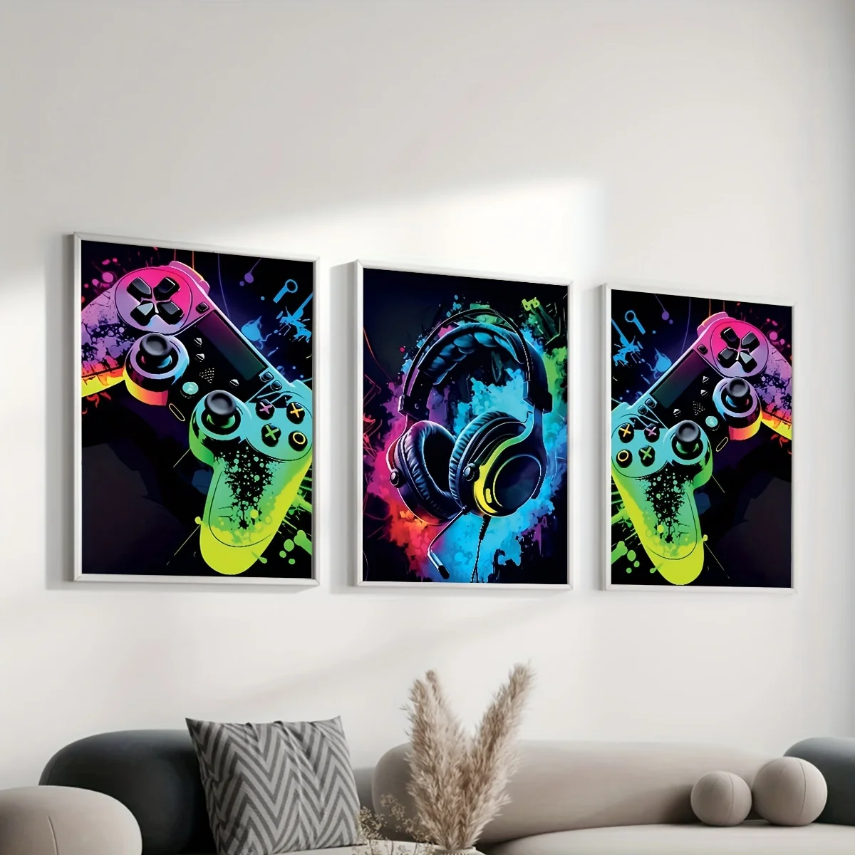 3pcs Gamer Canvas Art Set - Colorful Headphones & Game Controller Prints, Art Deco Modern Minimalist Style, Indoor Portrait Orie