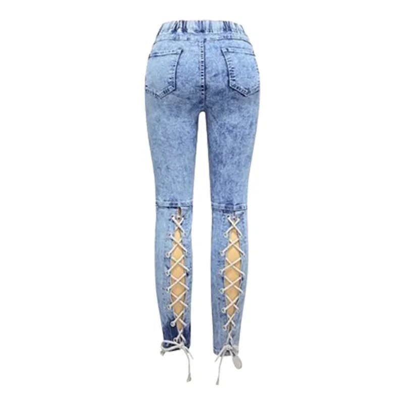 Women Back Bind Legs Slim Jeans 2023 Fashion Mid Waist Denim Pants Female Commuter Pencil Trousers Trend Chic Casual Streetwear