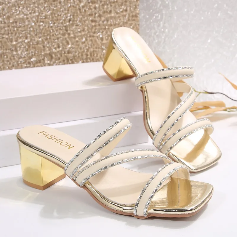 

Women's Sandals Rhinestones Decoration Square Toe Square Heel Fashion Mid Heel Shoes Slide Slipper Summer