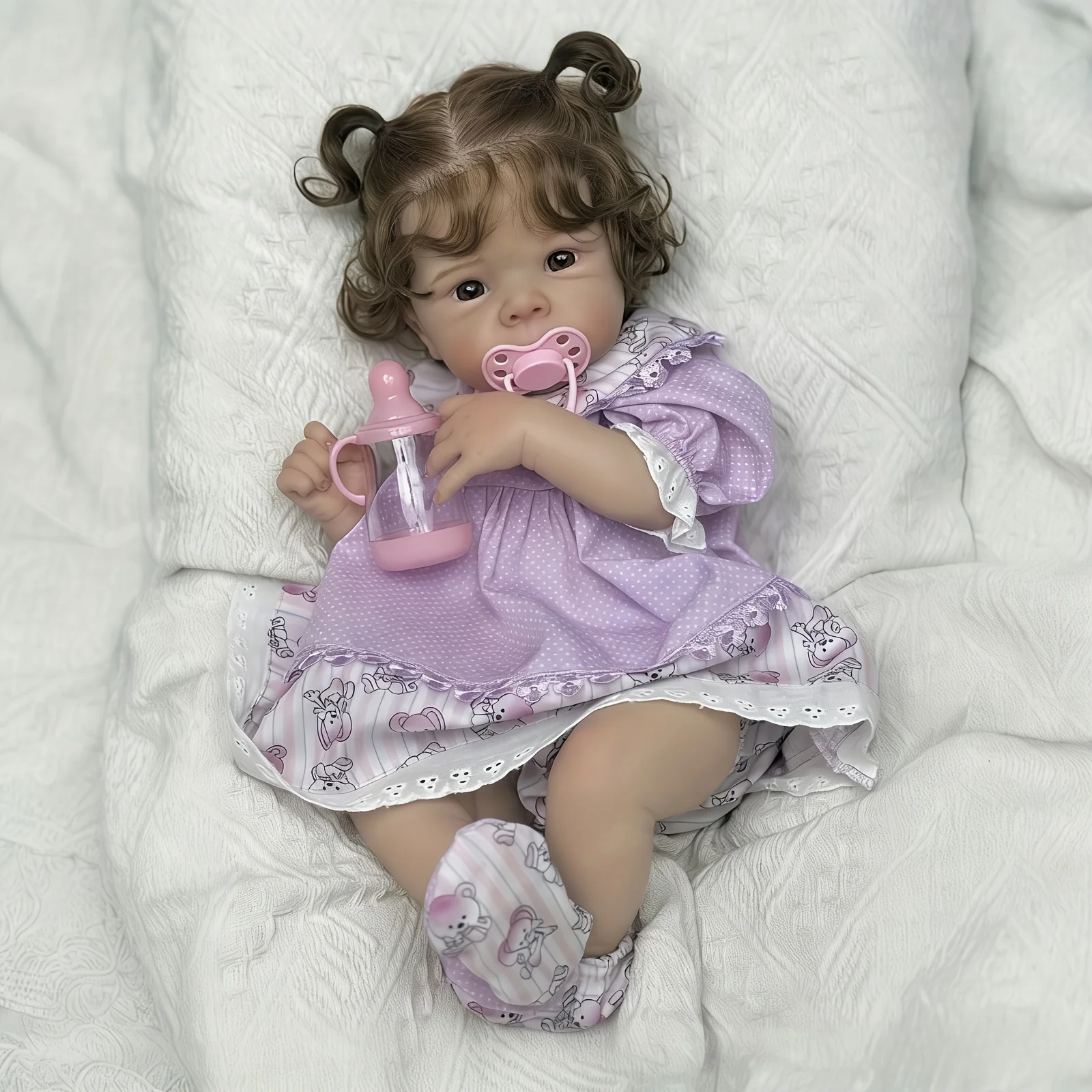 

BZDOLL 48CM 19in Reborn Doll, Curly Brown Hair, Vinyl Limbs Cloth Body, Lifelike Collectible Play Toy, Kids Birthday Gift