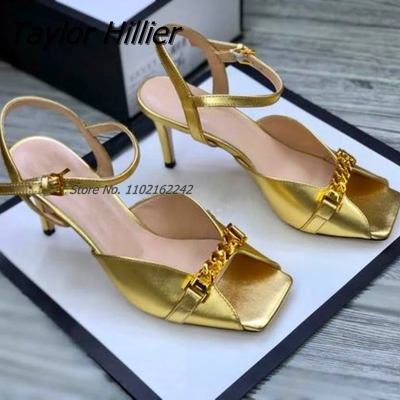 Horsebit Open Toe Sandals French Metal Chain Square Toe Retro High Heel Slippers Simple Gold Buckle Strap Sexy Women'S Sandals