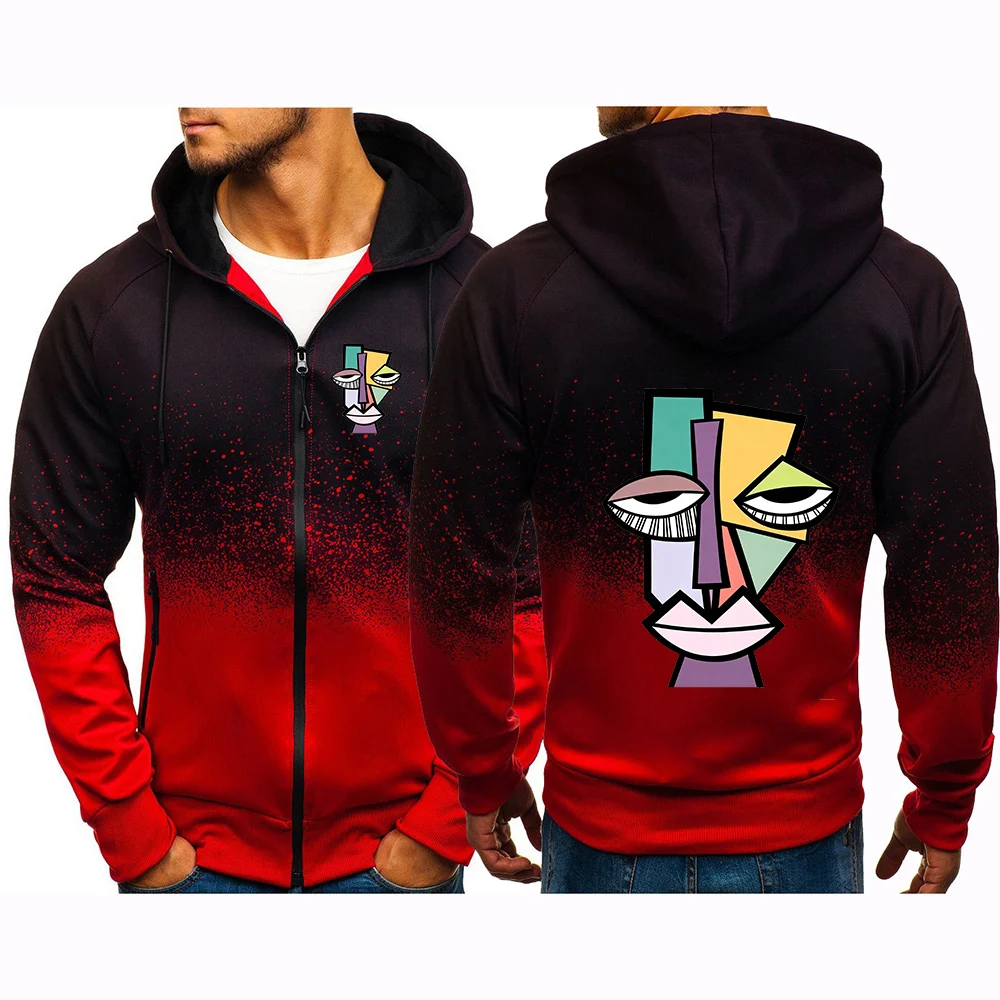 Picasso Style Cubist graphics Logo Print Personality Hoodies 2026 Spring And Autumn Men's Handsome gradient color Hooded Coat