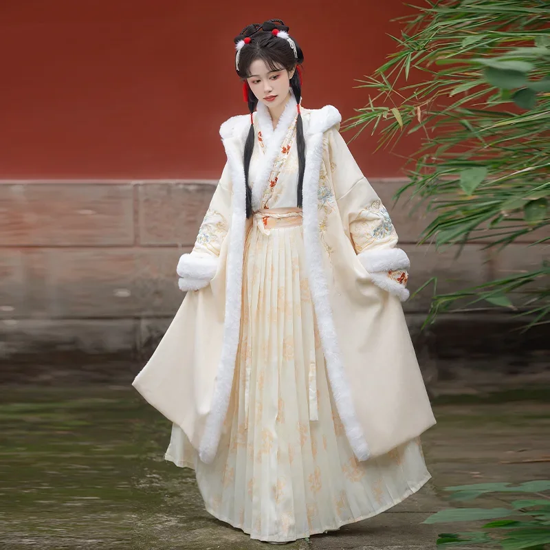 

2 Colors Winter Chinese Style Hanfu Dress Set 3Pc Vintage Red White Thicken Velvet Fluff Edge Waist Skirt Warm Long Snow Robe