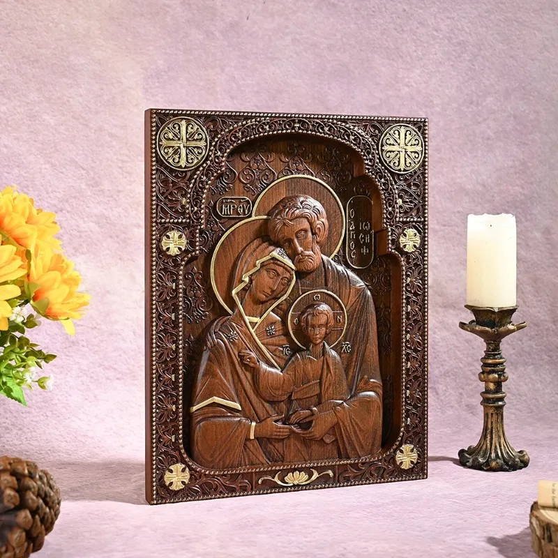 Religious Holy Family Catholic Wood Carving, Byzantine Icon Plaque Jesus Home Hanging Decor