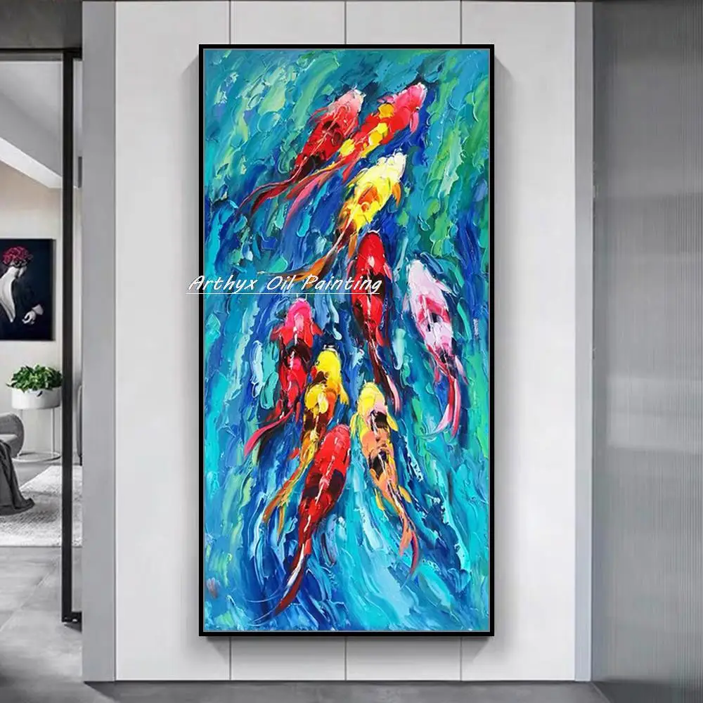 Arthyx Decorative Art Wall Picture Handpainted Modern Abstract Thick Fish Oil Painting On Canvas,For Living Room,Home Decoration