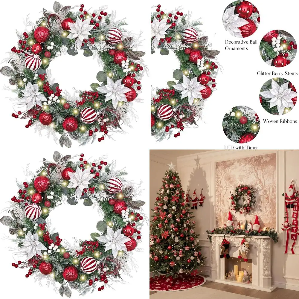 

24 Inch Illuminated Christmas Wreath with Red & White Ornaments for Outdoor Home Decor
