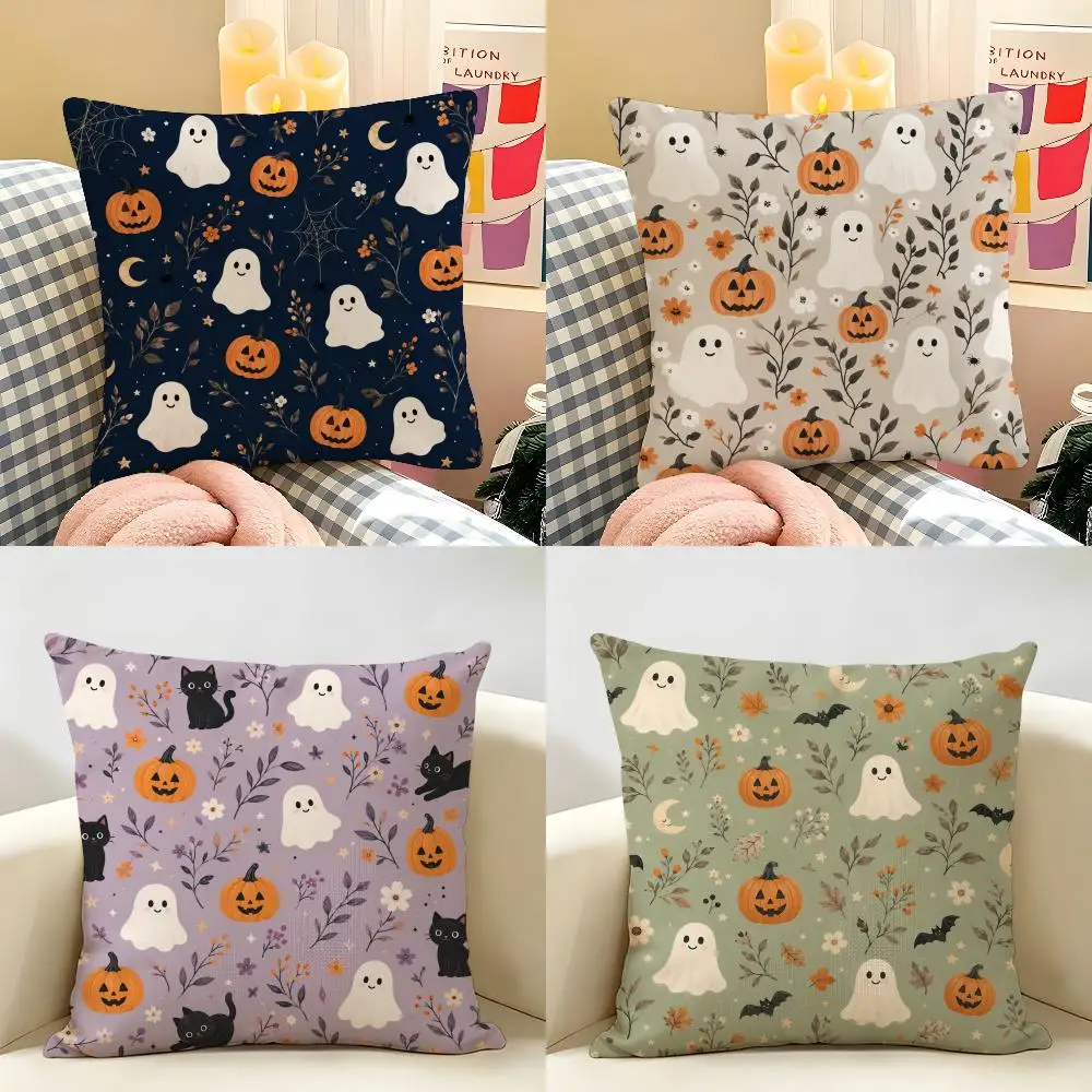 Halloween Ghost Cushion Cover Natural Linen Double Sided Print  Throw Pillow Case for Sofa Couch Home Decor