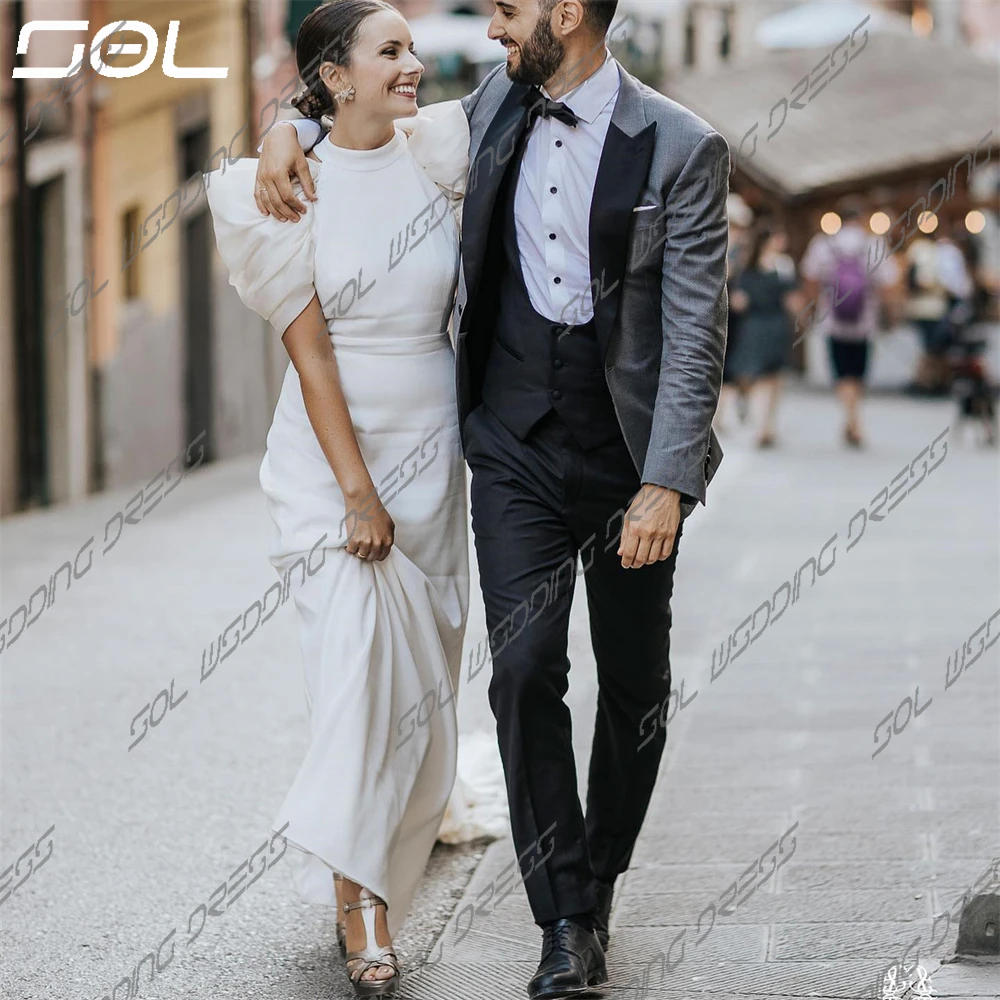 Vestido De Novia De satén con cuello redondo y mangas abullonadas, vestido De Novia De sirena con espalda descubierta