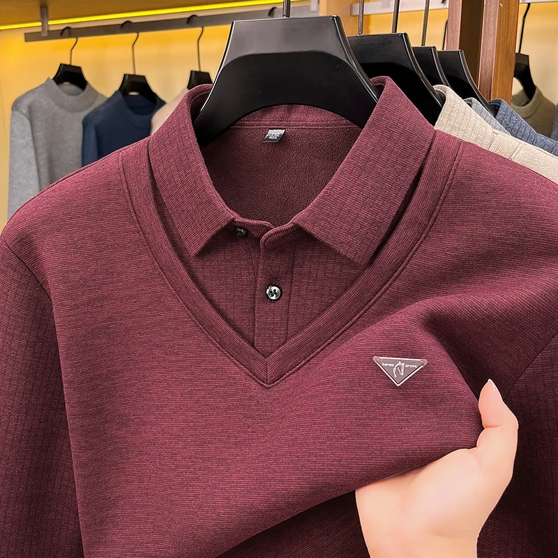 Men's Autumn Lapel Fake Two‑Piece Polo Shirt Solid Color Comfortable Advanced Casual Long Sleeved T-Shirt Versatile Men's Wear