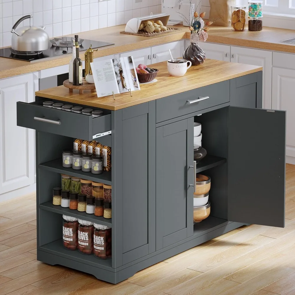 Grande îlot de cuisine roulant de 53 pouces avec armoire de rangement pour poubelles de 13 gal, Table des îles Portable avec armoire à roulettes avec 2 tiroirs