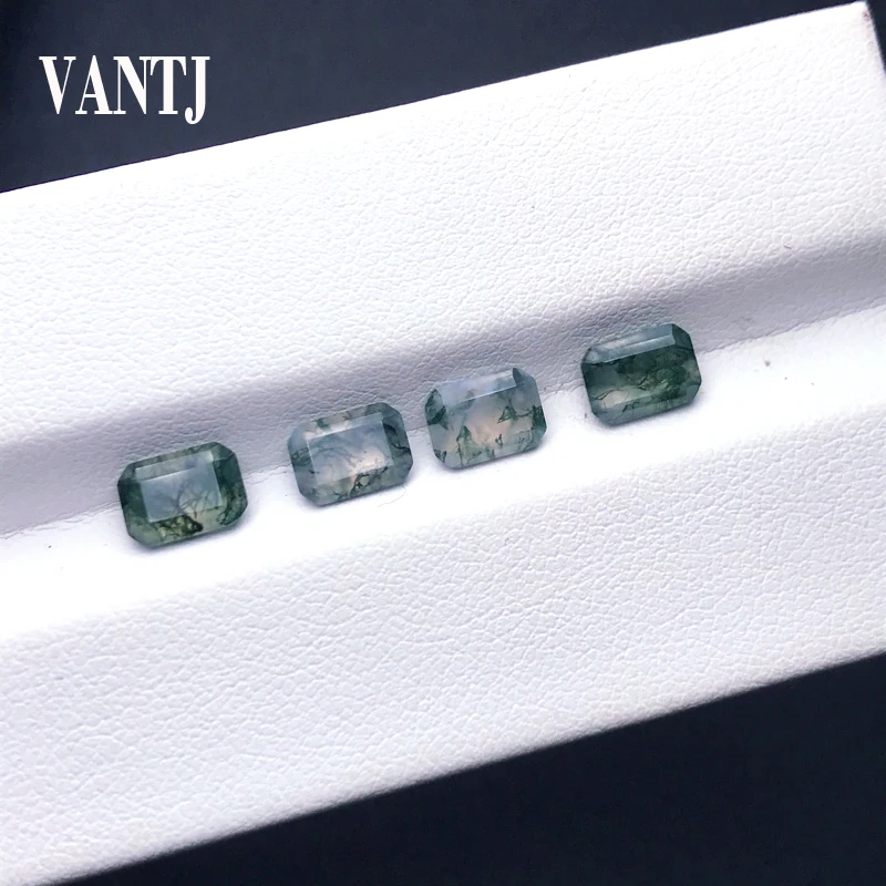

VANTJ Natural Moss Agate Loose Gemstone Indian Agate Oct Cut 4pcs for Silver Gold Mounting DIY Jewelry
