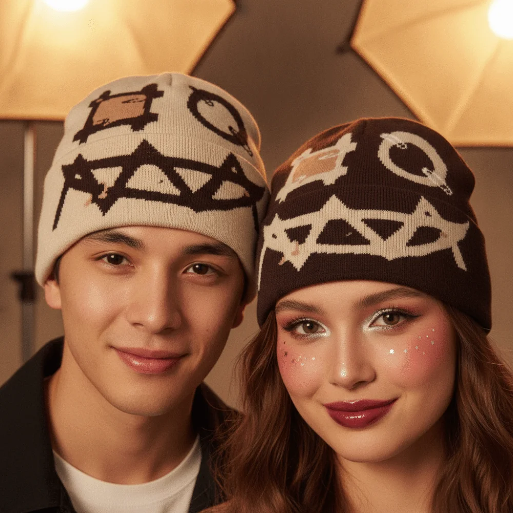 Printed Pattern Printed Pin Beanie Winter Warmth Acrylic Yarn Ghost Mask Cap High Elasticity Flat Design Demon Face Hat