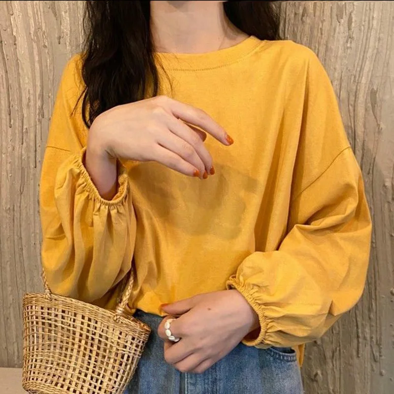 Fashion O-Neck Loose Folds Lantern Sleeve T-Shirt Female Clothing 2023 Autumn New Casual Pullovers Solid Color Korean Tee Shirt
