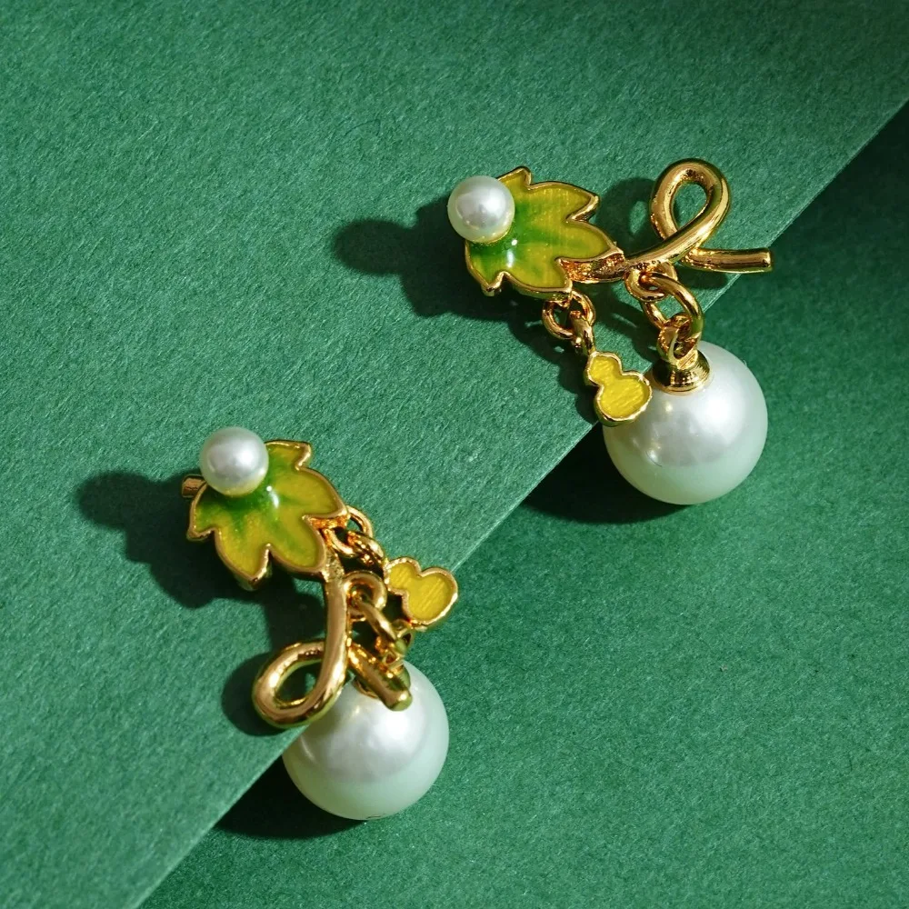 2026 New National Trend Enamel Glaze Green Gourd Maple Leaf White Pearl Tassel Earrings High-end Temperament Stud Earrings