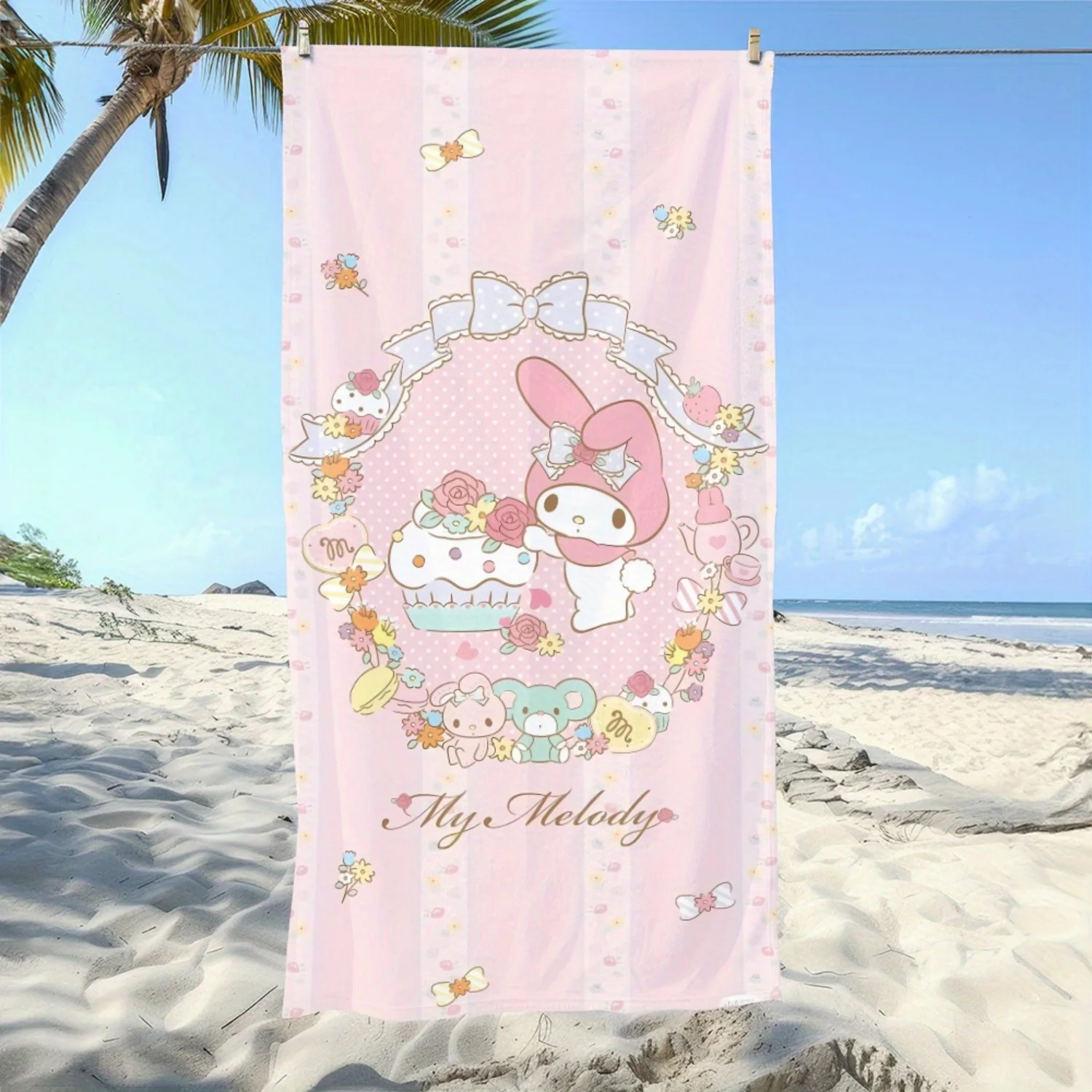 1 toalla de playa rosa Sanrio My Melody | Diseño de Pastelitos y Amigos, Suave, Absorbente, de Secado Rápido, Microfibra de Poliéster