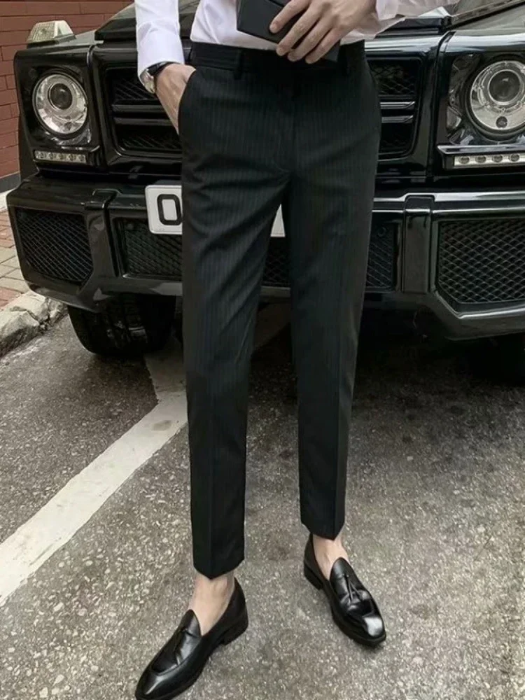 الرجال عالية الخصر البدلة العادية السراويل طويلة بانت مستقيم بنطلون جيوب لصق سليم صالح مخطط عادية الخريف شتاء 2025 جديد #6