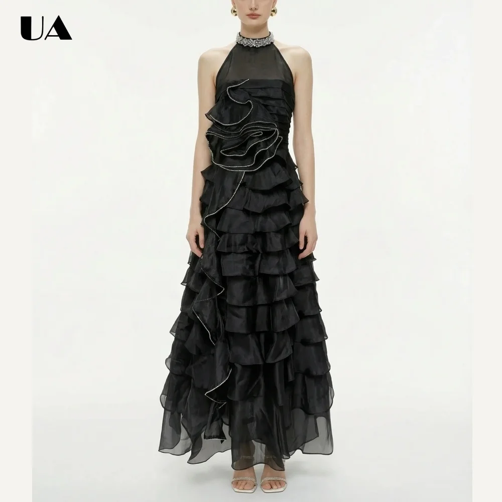 

Trendy Tulle Tiered Ruffled Maxi Dresses for Women Elegant Embellished Half-high Neck Long Dress Fashionable Sleeveless Dress