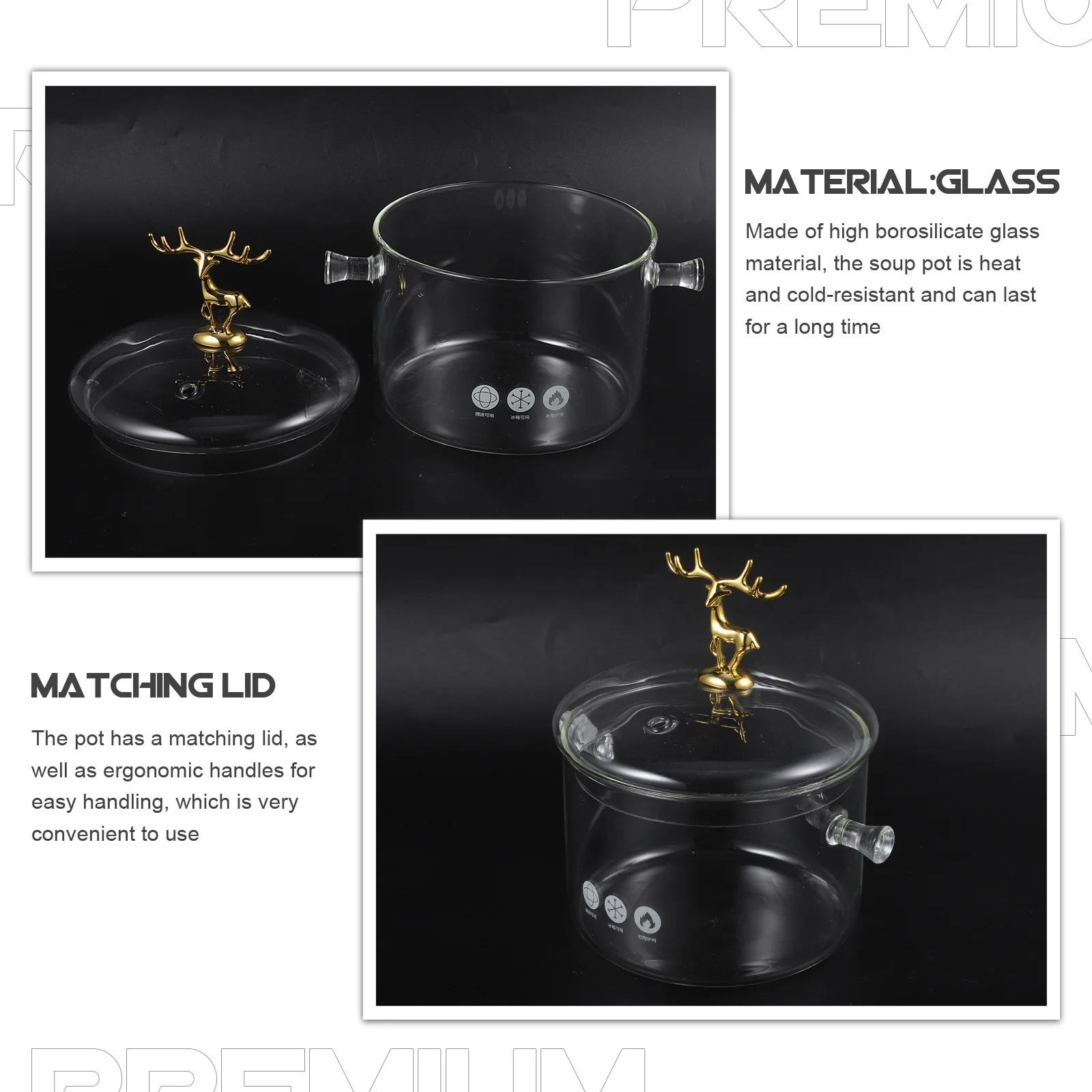

Double Ear High Borosilicate Glass Soup Pot Elk Design Lid Heat Resistant Transparent Cooking Pot Kitchenware for Stewing