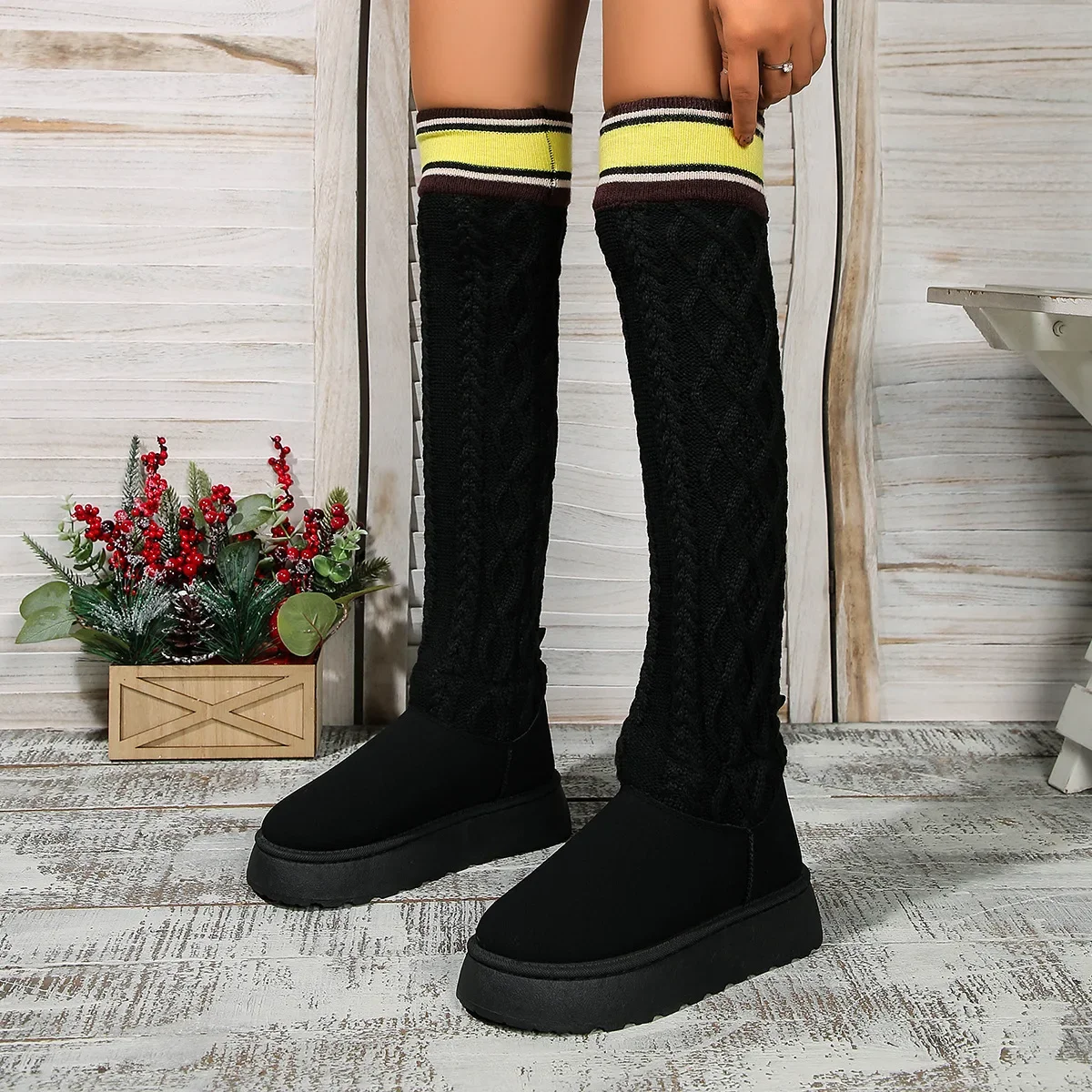 2024 New Thick Sole Knitted Long Boots for Women Fashion Elastic Over Knee Socks Boots Round Toe Plus Size 44 Botas De Mujer