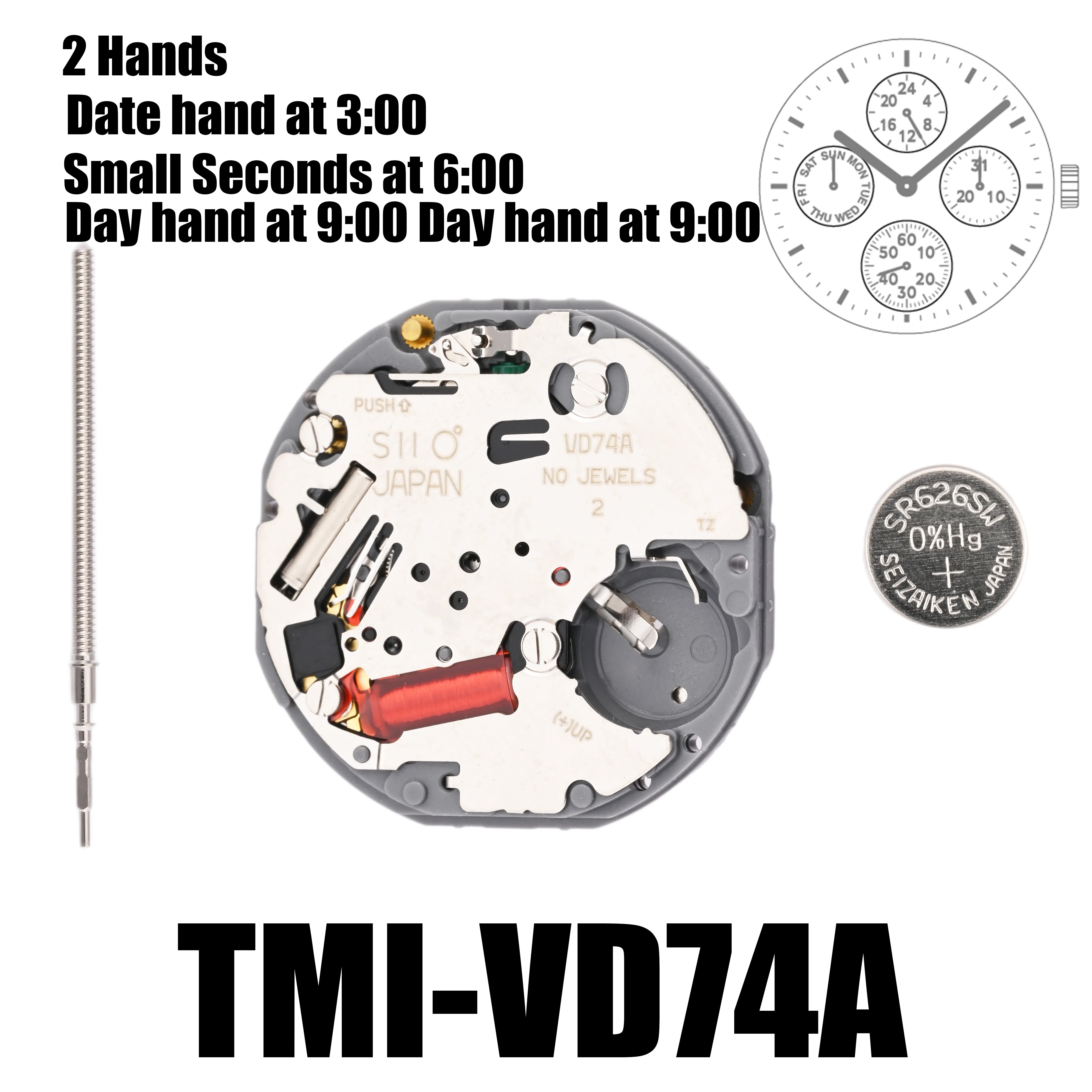 Movimiento VD74 Tmi VD74, dispositivo con 2 manos, multiojo (día, fecha, 24 horas, sección pequeña), tamaño: 10 ½, altura: 3,45mm