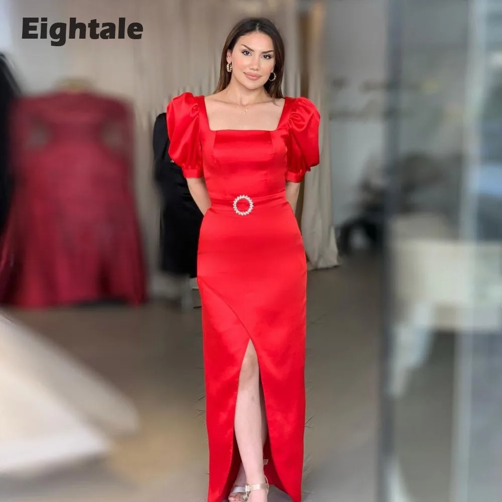 

Eightale Red Evening Dress for Wedding Party Scoop Satin Short Sleeves Arabic Mermaid Belt Formal Prom Gowns Ballkleider Abiye