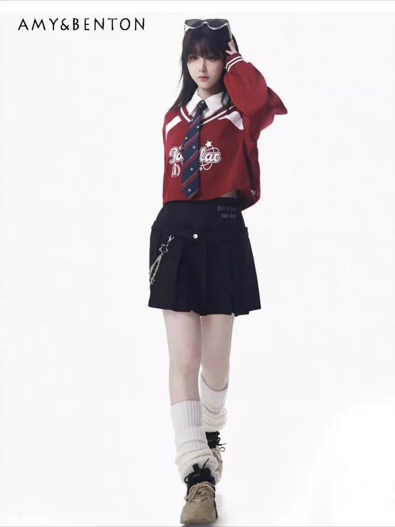 الأمريكية الساخنة فتاة Preppy نمط البلوز بدلة رياضية وهمية قطعتين البلوز منقوشة بناطيل كاجوال Harajuku نمط شيك البدلة