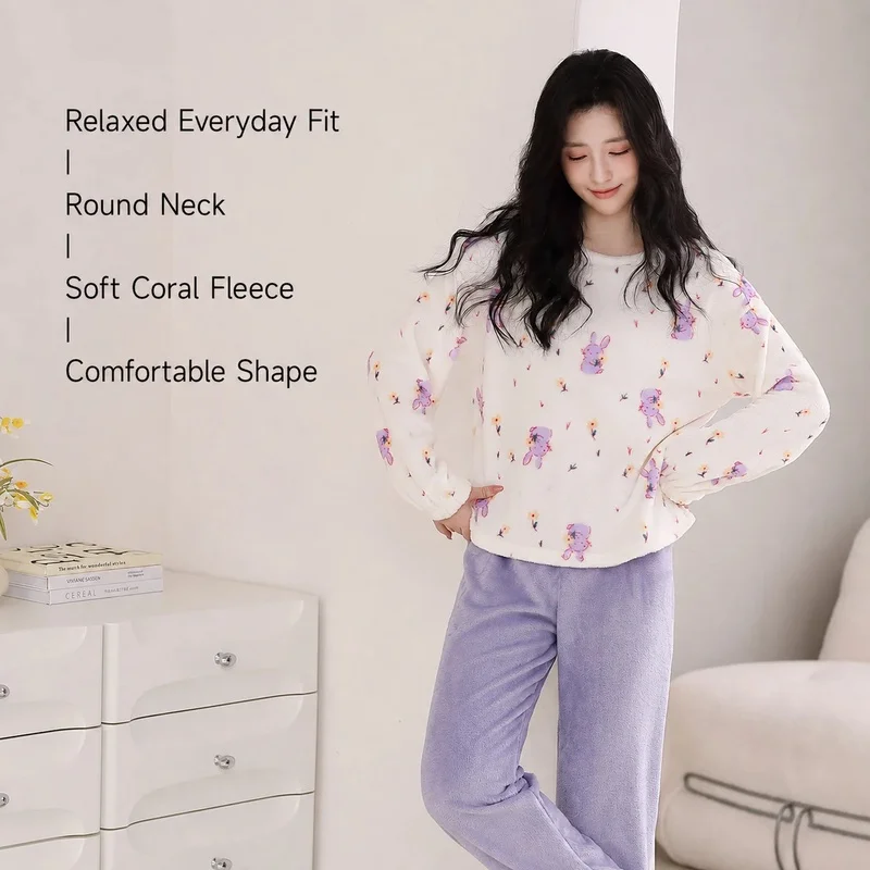 Women's Purple Coral Fleece Pajama Set Cartoon Print Long Sleeve Top and Cuffed Pants
