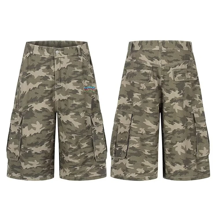 Pantalones Cortos Casuales de Pierna Ancha con Múltiples Bolsillos y Bordado de Diamantes de Imitación Estilo Americano, Camu...