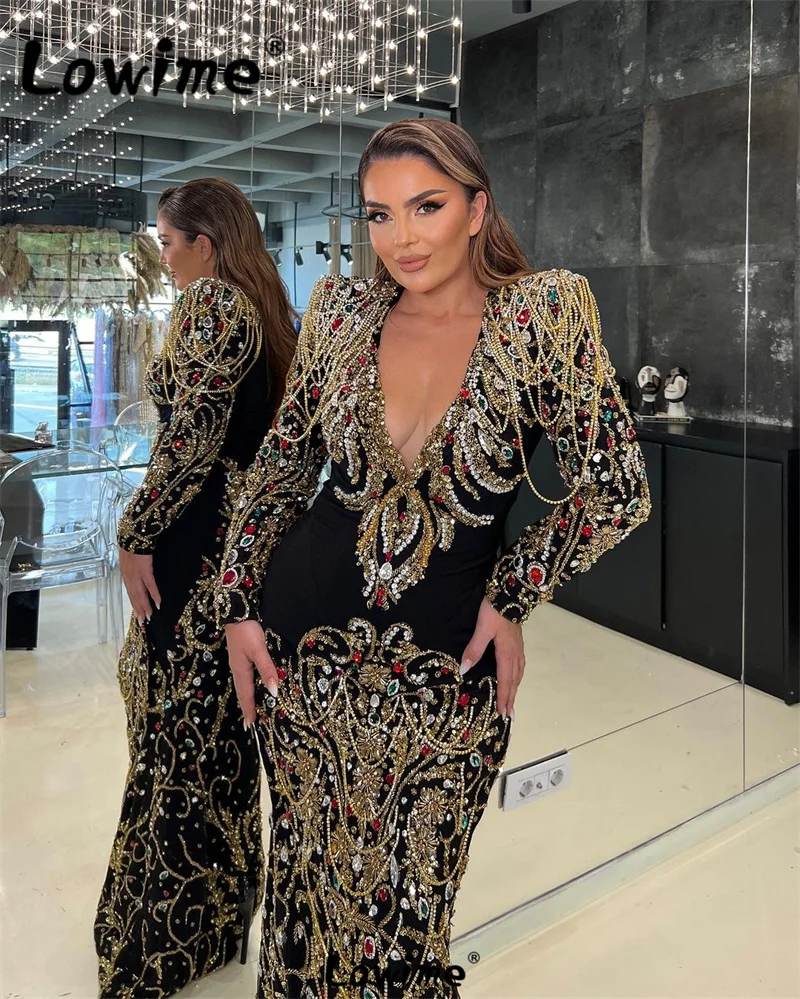 2024 Haute Couture V Neck Arabic Evening Dresses Long Sleeves Crystal Tassel Luxury Mermaid Party Gowns Engagement Prom Dresses