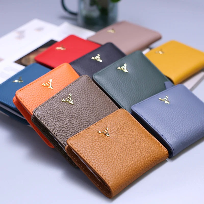 2022 New Women\'s Short Ultra Thin Mini Wallet Chic Christmas Deer Button Short Purse Ladies Genuine Leather Card Holder Wallet