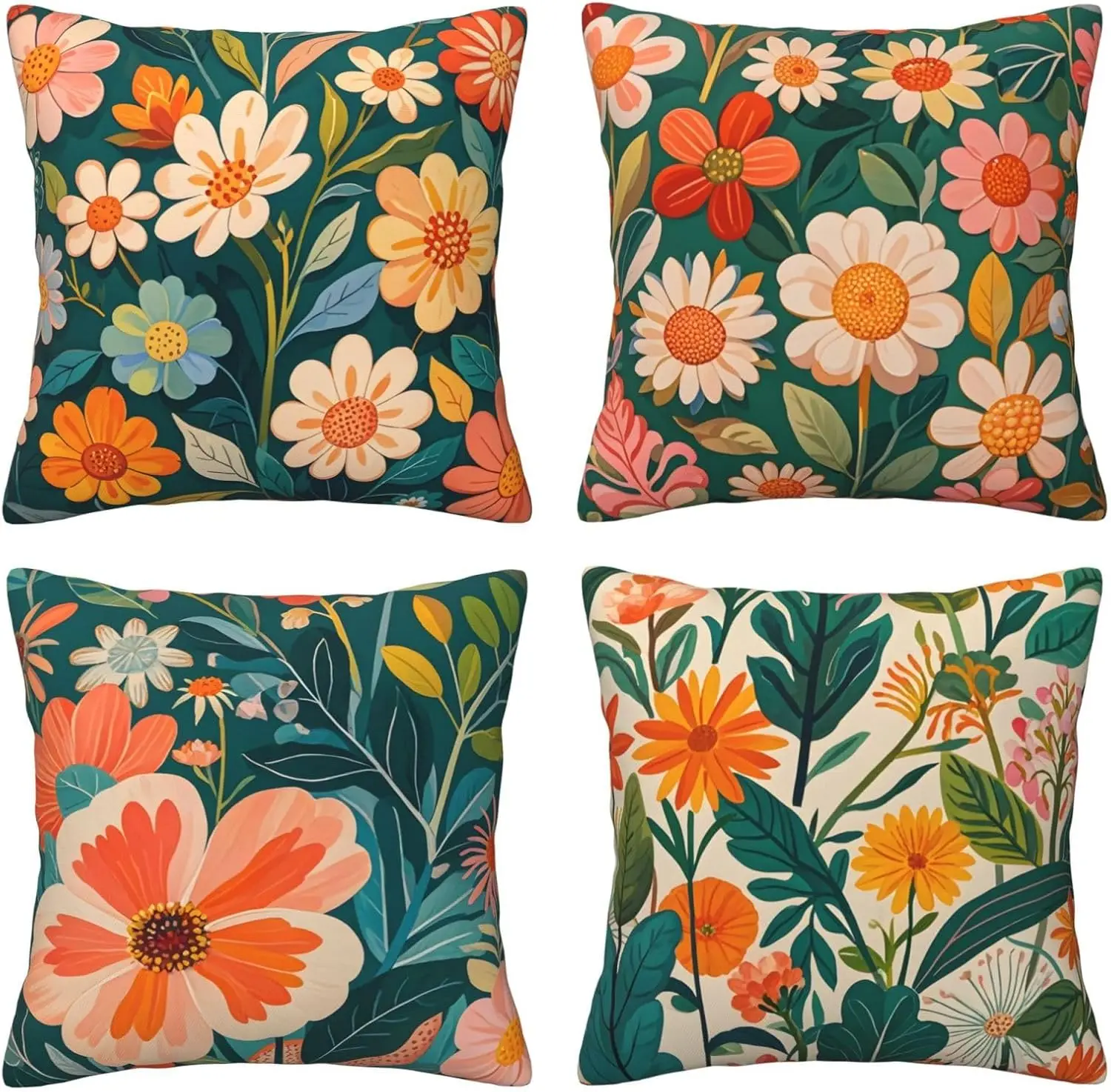 Floral Garden Pillow Covers – Vibrant Art 4-Pack Cushion Covers for Sofa, Couch, Indoor, Outdoor, Home Décor