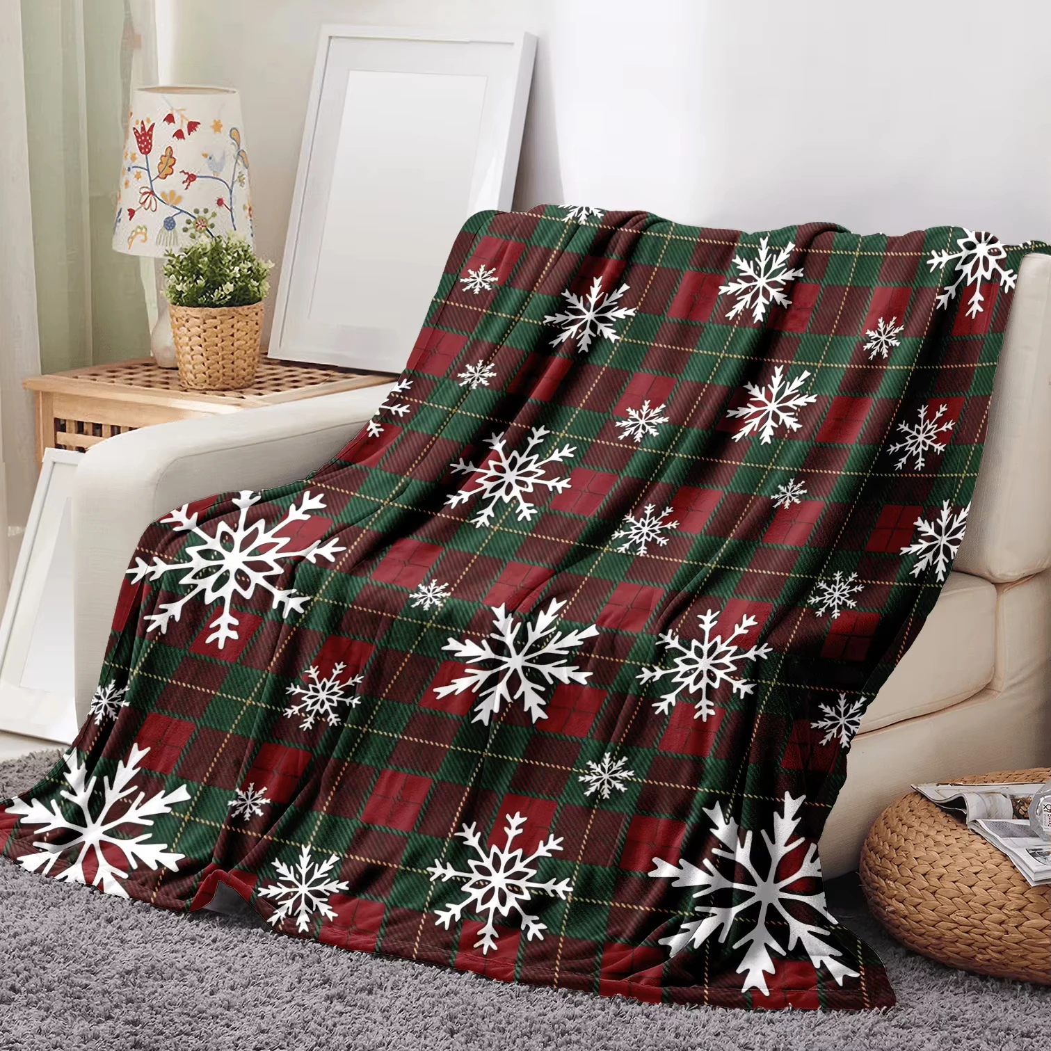 Xmas Plaid Fleece Blanket With Snow Design Cozy For Home Travel Party Daily Use Holiday Gift Idea