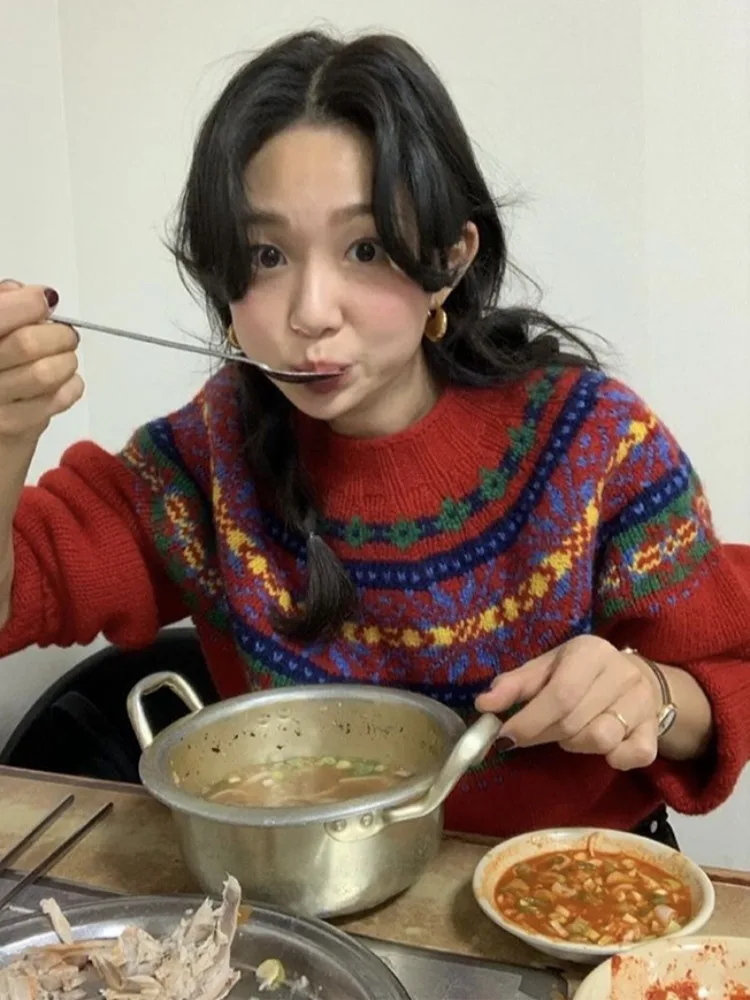 

Thi Knitted Cisas Aosphere Sweater Overhead Embroidery Retro Sle Dongda Gate Autumn Winter Women's Knitwear