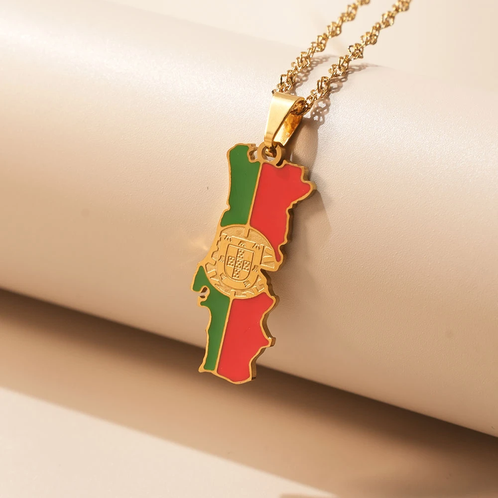 Fashion Portuguesa Map Flag Pendant Necklace Stainless Steel Men Women Portugal Maps Jewelry Gift view 2