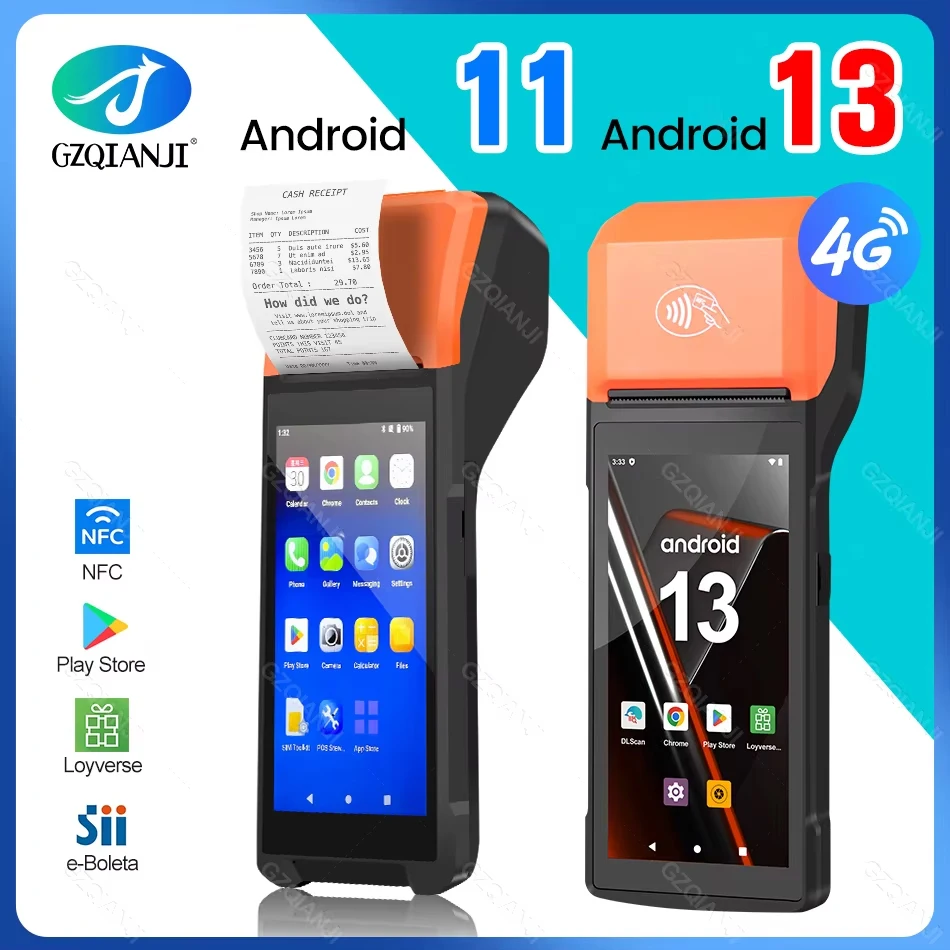 New 4G Wireless Wifi Handheld PDA Printers Android 11 13 POS Terminal Touch Screen Built-in 2D Barcode Scanner NFC Card Reader
