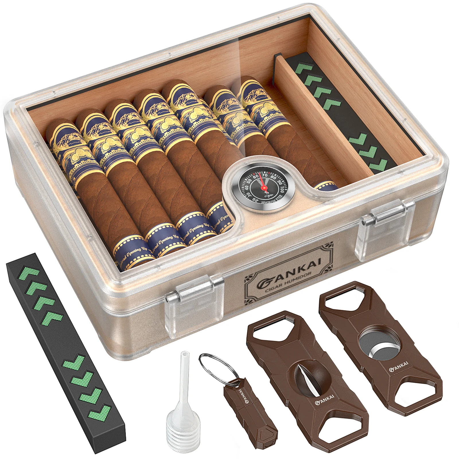Humidor Cigar Box, with Cutter Guillotine, V Cut, Punch & Stand, Glass Top Cigars Case, Cedar Wood Lining, Humidifier Hygrometer