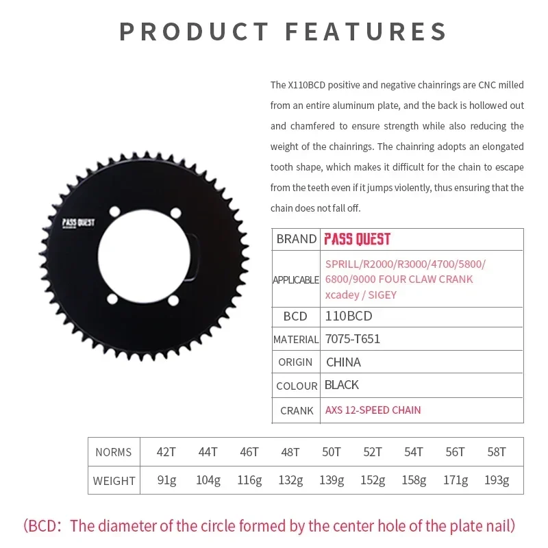 PASS QUEST X110 BCD (4-bolt AERO) AXS Round Narrow Wide Chainring