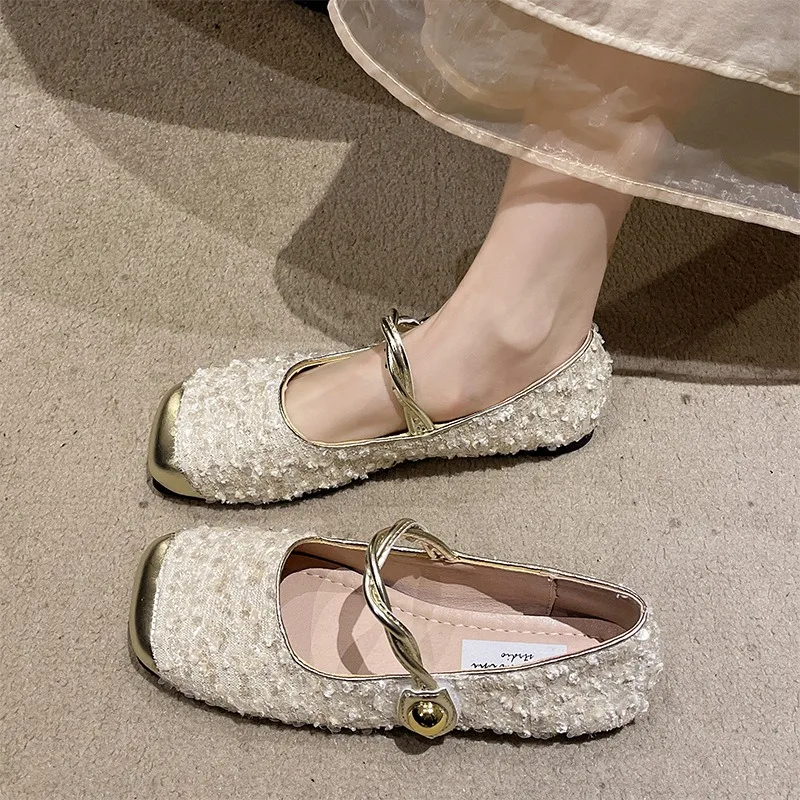 Women's Tweed Mary Jane Flats 2026 Spring Metal Toe Cap Buckle Strap Square Toe Comfortable Casual Pumps for Ladies